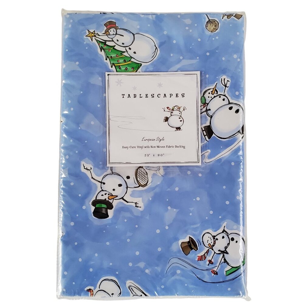 Vinyl Snowman Tablecloth 52" x 90" Oblong Christmas Holiday Blue Fabric Backing